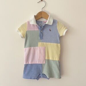 RALPH LAUREN EUC Boys Preppy Pastel Colorblock Patchwork Oxford Romper
